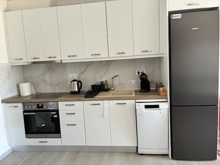 Kitchen with oven, ceramic hob, dishwasher, fridge-freezer and coffee machine at Lora Family Apartment in Nikiti